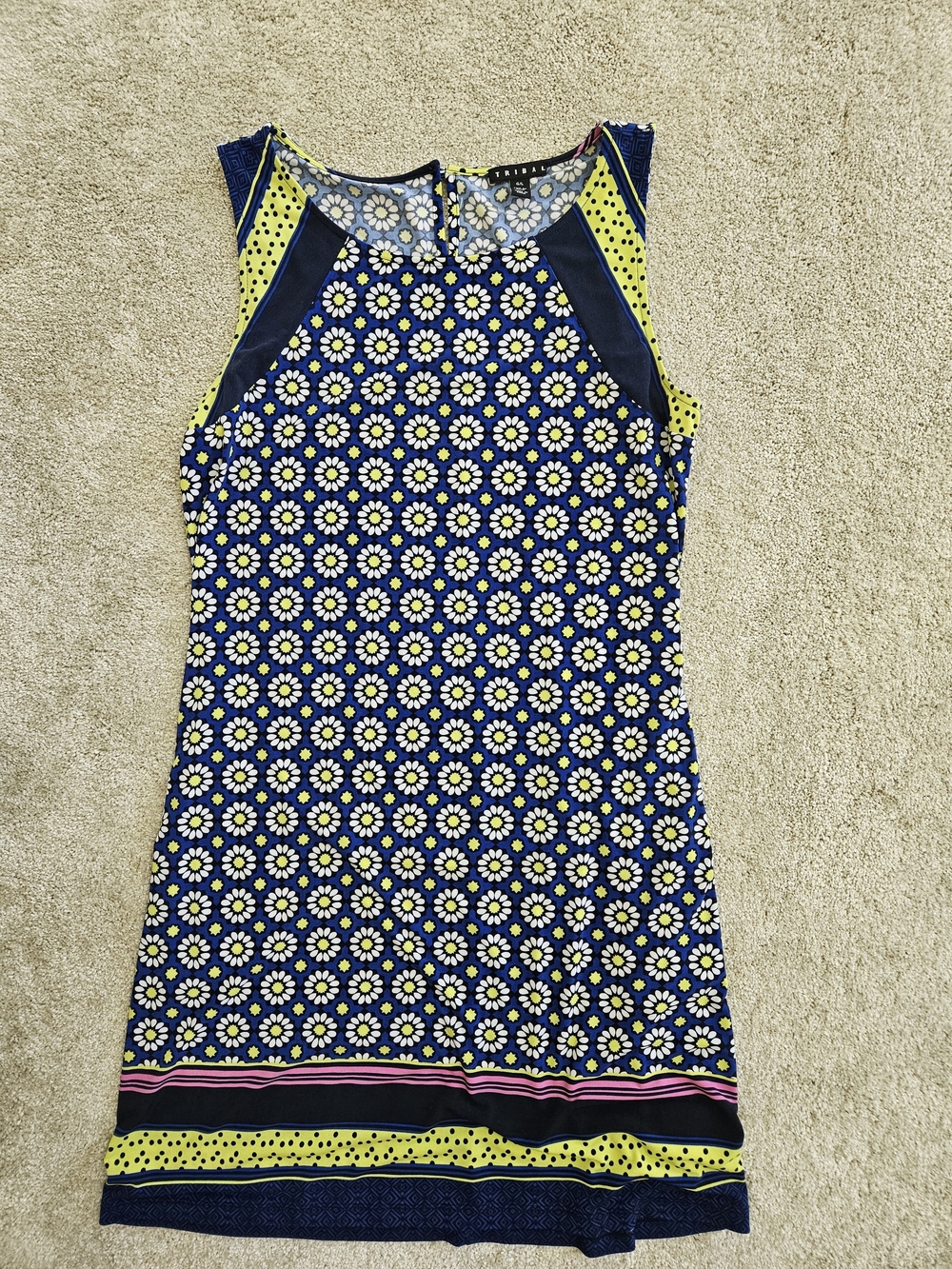 Tribal Navy & Yellow Daisy Print Sleeveless Shift Dress